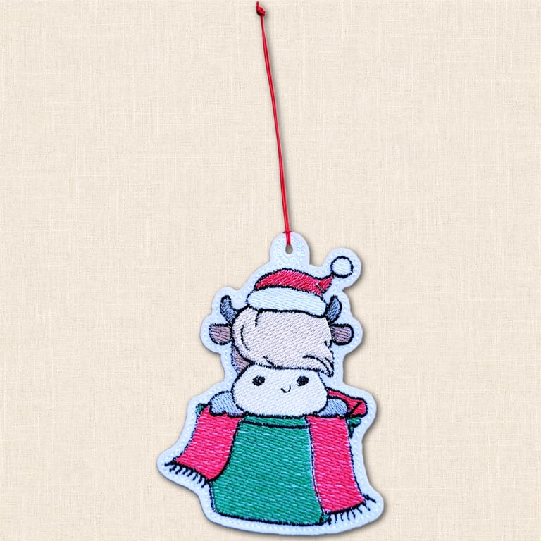 Festive Pot Highland Cow Christmas Decoration - Embroidered Felt Ornament