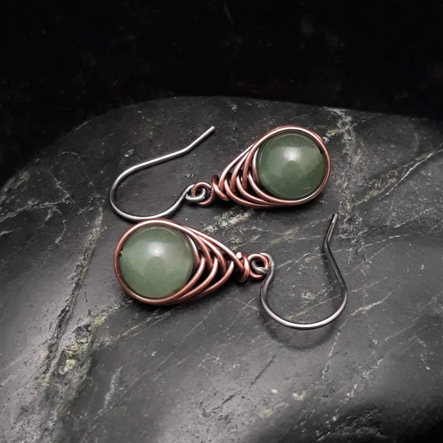Copper Wire Wrapped Green Aventurine Earrings