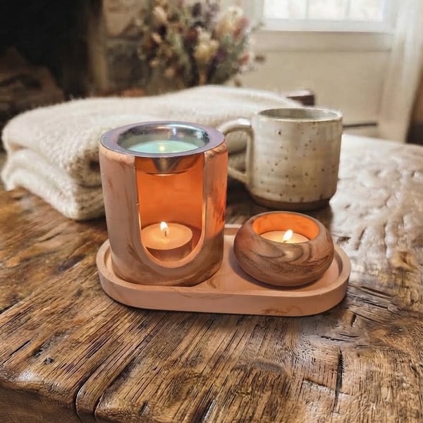 Terracotta-Inspired Eco-Resin Wax Melt Burner, Tealight Holder & Tray Set