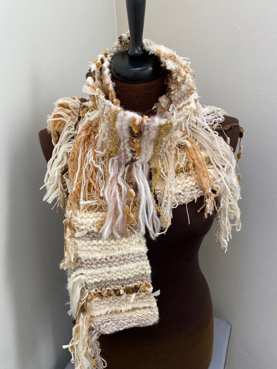 Hand Knitted Textured Scarf with Fringe, Golds, Creams, Beige and Caramel 
