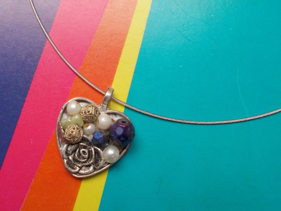 Bejewelled Heart Pendant on a Choker with a Silver Flower