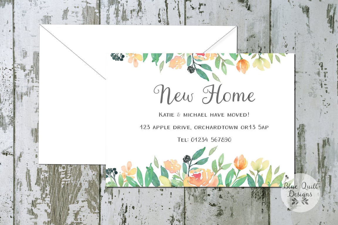 Personalised Watercolour Floral New Home Cards - Moving Announcement Stationery