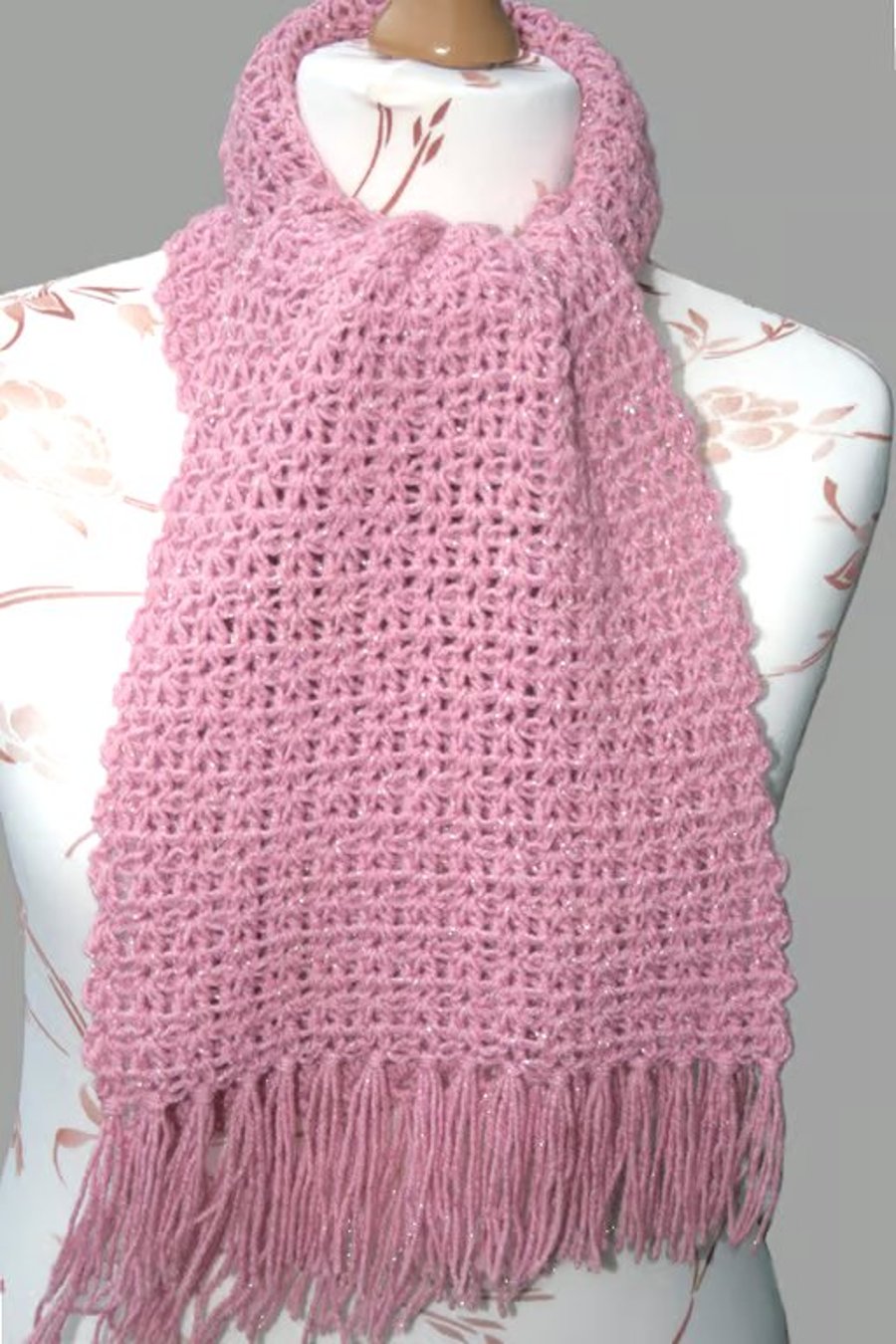 Rose Sparkle Tassel Scarf - Pretty Crocheted Scarf - Soft Summer Scarf