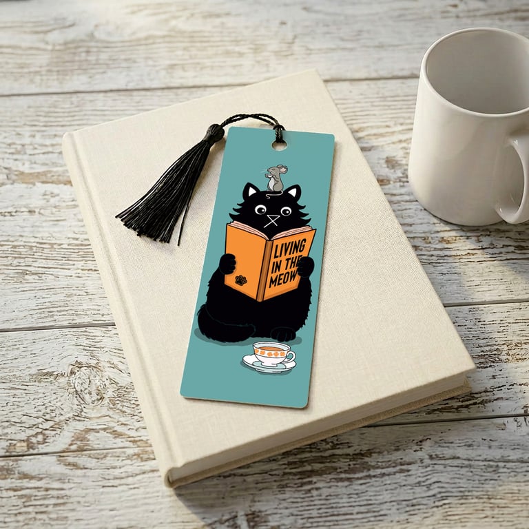 Cat Reading Bookmark with Tassel, Living in the Meow Design, Funny Bookmark