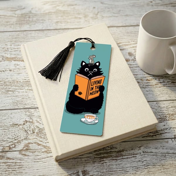 Cat Reading Bookmark with Tassel, Living in the Meow Design, Funny Bookmark