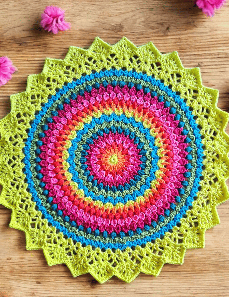 large, bright, crochet doily, mandala table mat