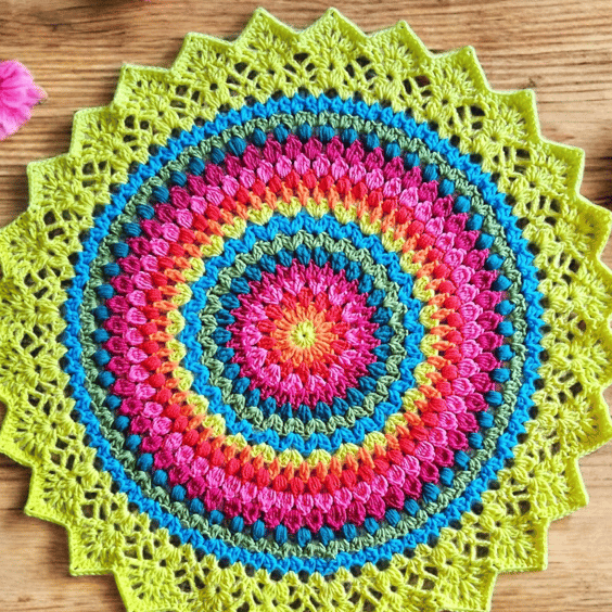 large, bright, crochet doily, mandala table mat