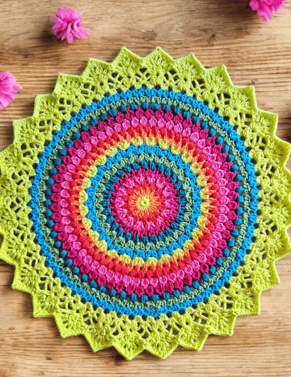 large, bright, crochet doily, mandala table mat