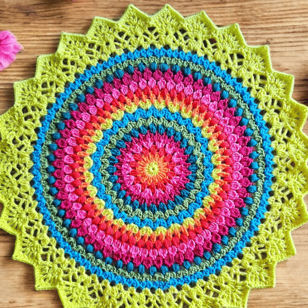 large, bright, crochet doily, mandala table mat