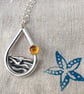 Silver sea mountains hills pendant with amber sun - Image 3