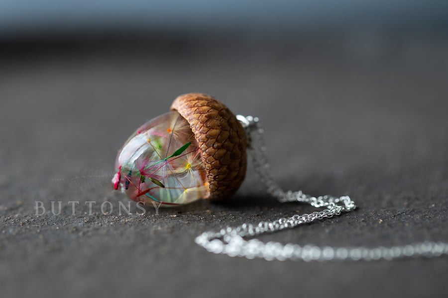 Dandelion Wish Necklace Real Acorn "Rainbow Dandecorn" Real Flower Jewellery Rai