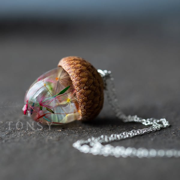 Dandelion Wish Necklace Real Acorn "Rainbow Dandecorn" Real Flower Jewellery Rai