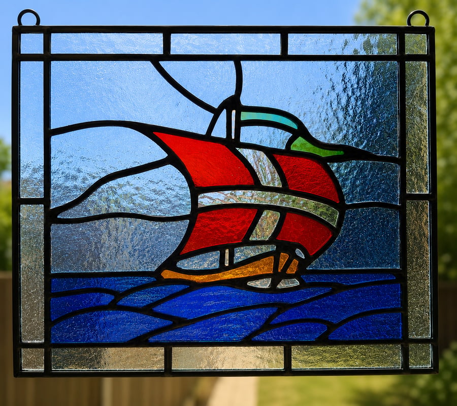Stained Glass Boat Suncatcher, Handmade Coastal Window Hanging landscape panel