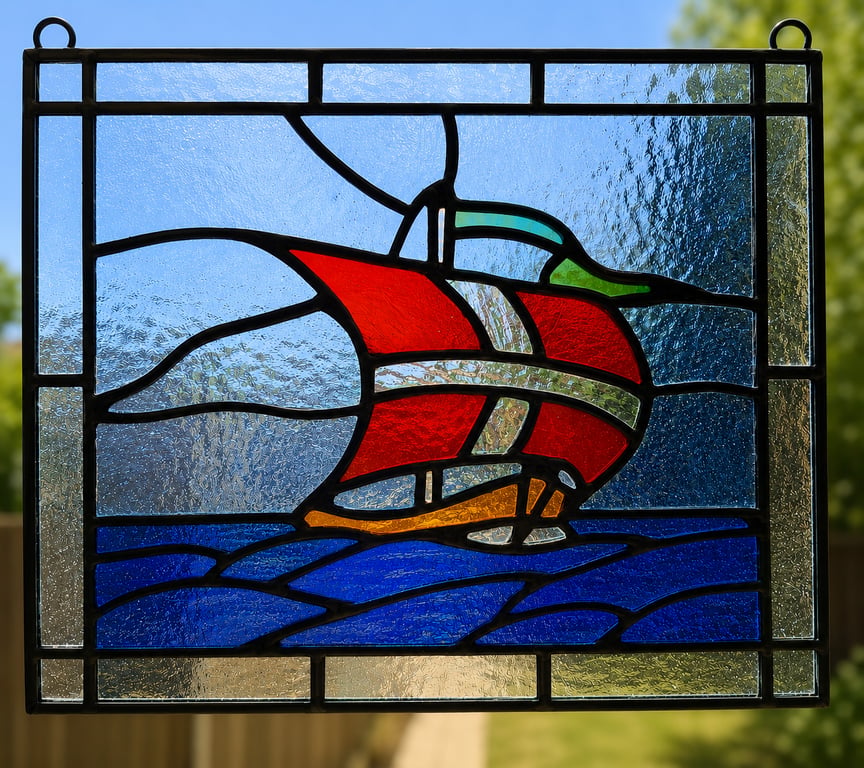 Stained Glass Boat Suncatcher, Handmade Coastal Window Hanging landscape panel