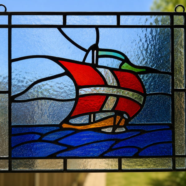 Stained Glass Boat Suncatcher, Handmade Coastal Window Hanging landscape panel