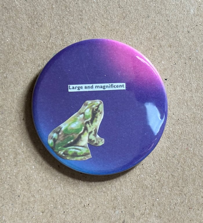Collage pin badge - vintage book images & text - large and magnificent