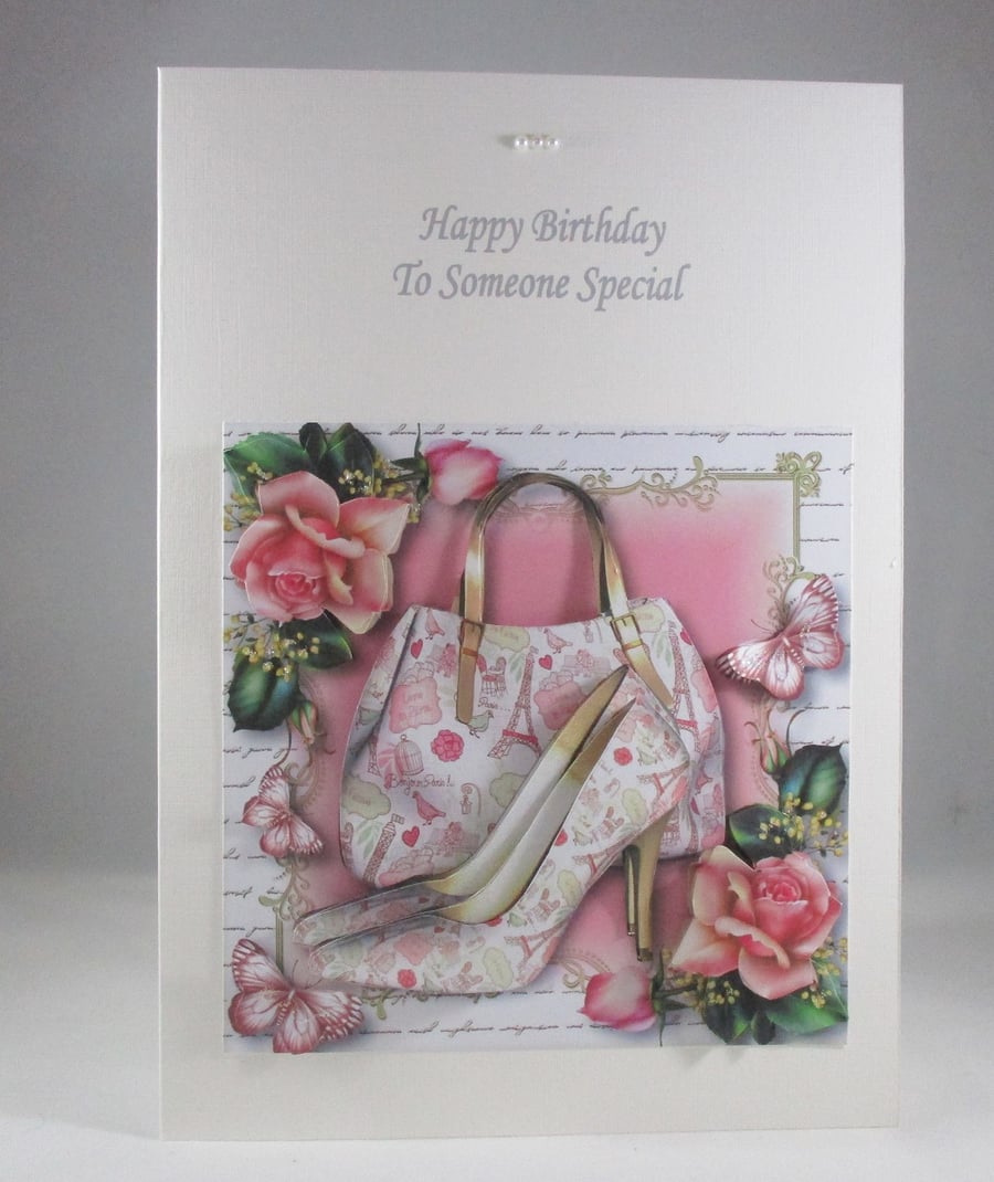 Decoupage,3D Handbag and Shoes Birthday Card , Paris Chic,Personalise