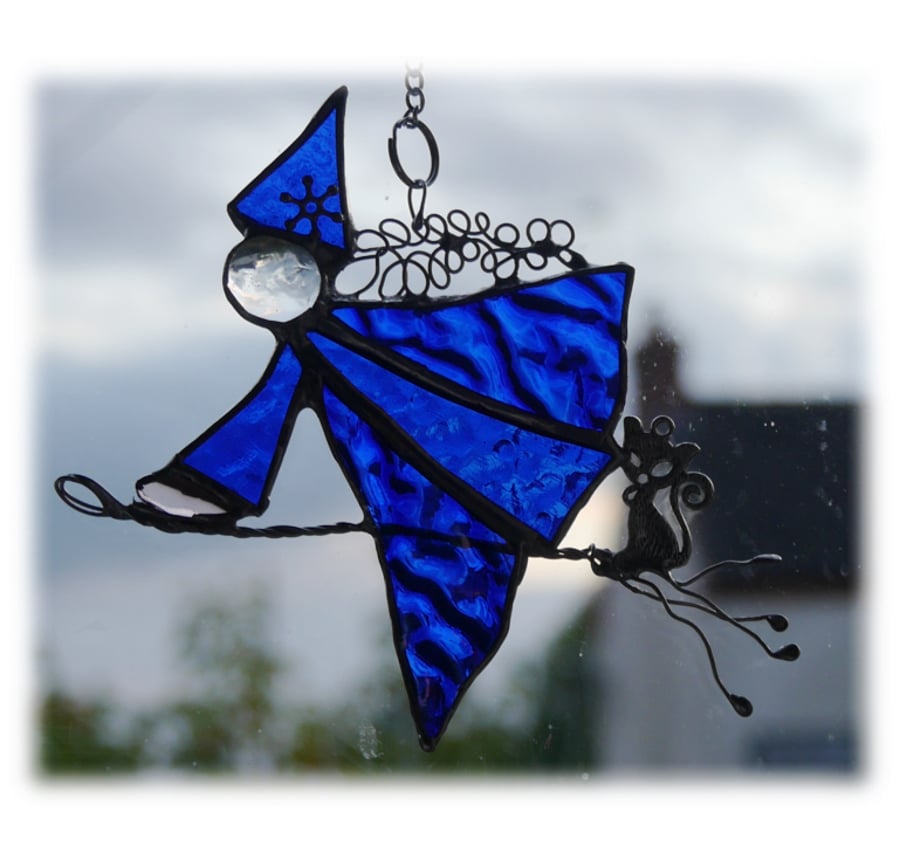 Witches on Broomstick Suncatcher Stained Glass 031 Blue