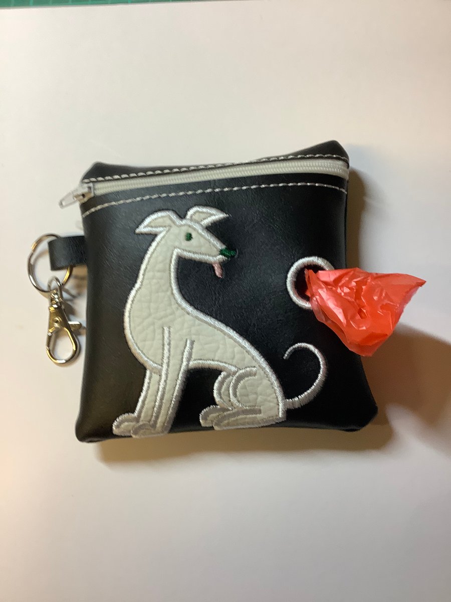Embroidered Greyhound Black faux leather dog poo bag ,dog walking,