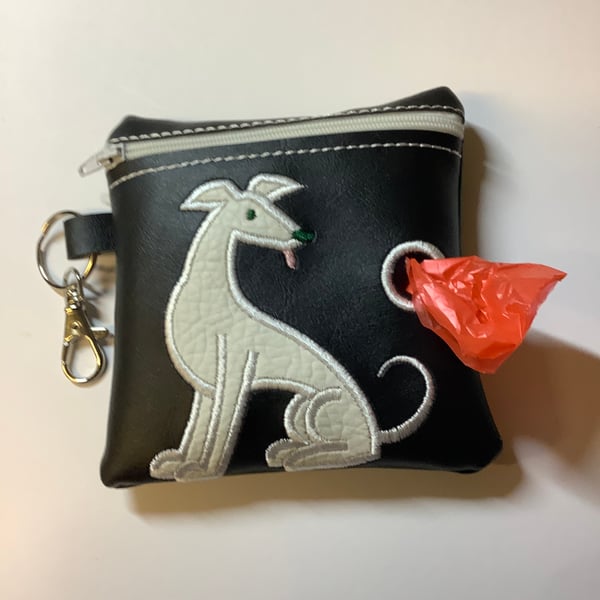 Embroidered Greyhound Black faux leather dog poo bag ,dog walking,