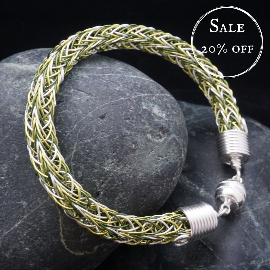 SALE - Tri-colour Viking Double Knit Bracelet - Green & Silver