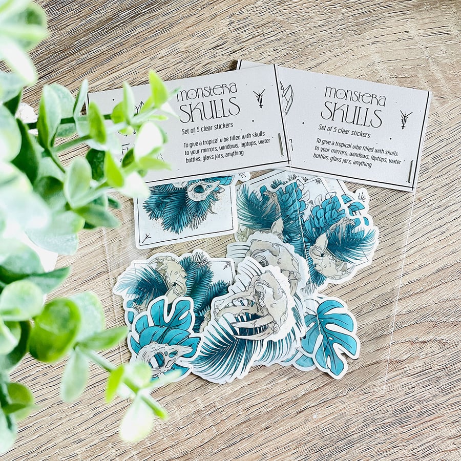 Monstera Skulls Clear Stickers, Dark Botanical Decals, Set of 5