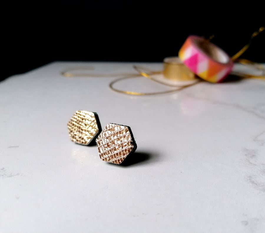 Hexagon Stud Earrings - Repurposed Leather - Gold