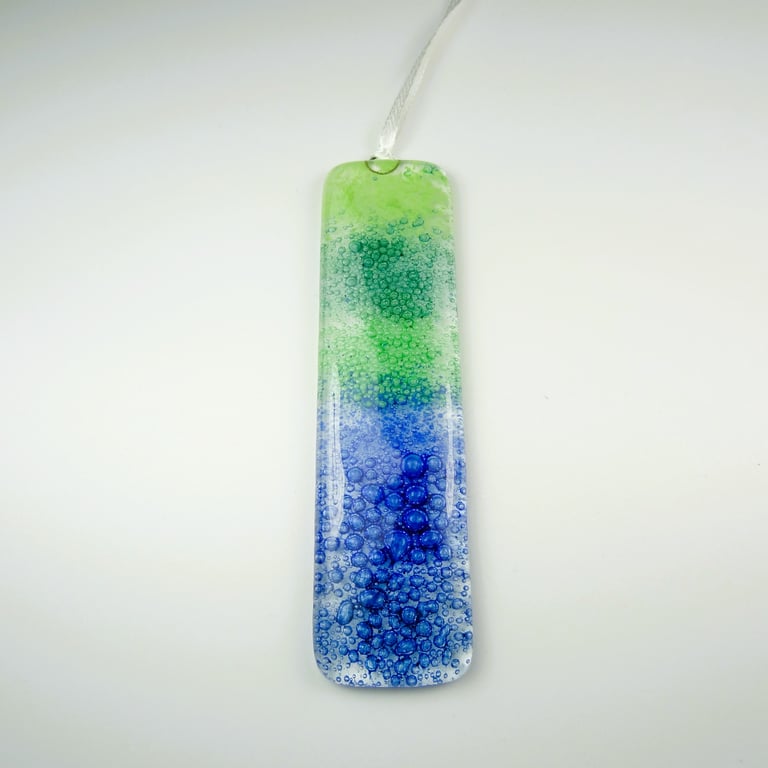 Blue and green bubble fused glass suncatcher, handcrafted, 3x12cm (0122)