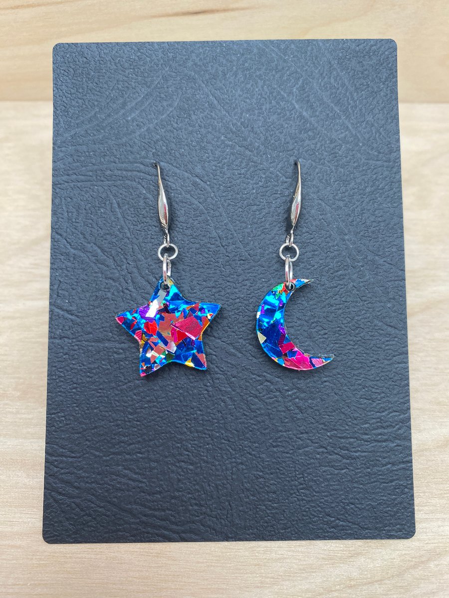 Acrylic earrings, star and moon design, Folksy