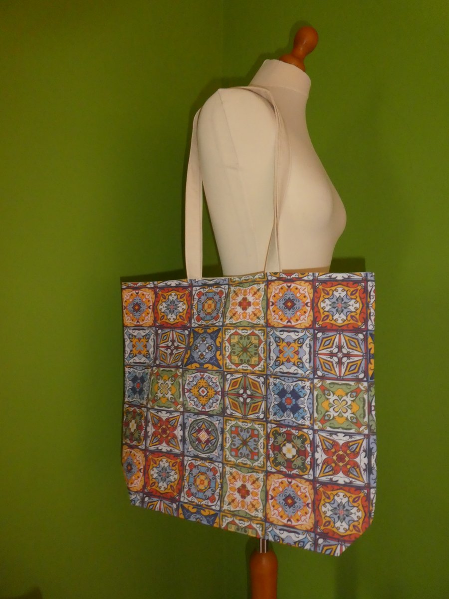 Moroccan Tiles Print Bag. Shopping Tote. Beach Bag. Lined with Inside Pocket.