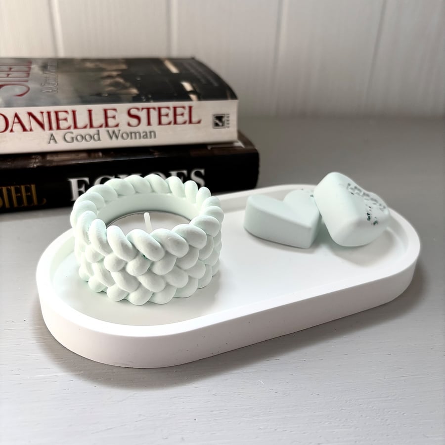 Mint Green Tea light Holder & Heart Diffuser Set on White Oval Tray 