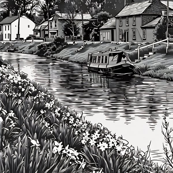 Digital Download of Picture Canal Boat Outwell Norfolk Black & White 