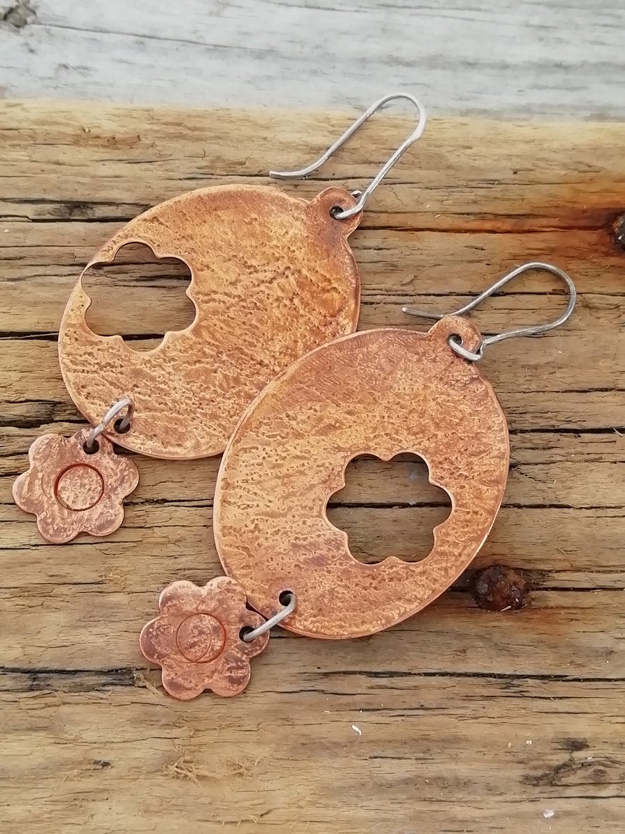 Large Copper Oval Flower Textured Earrings