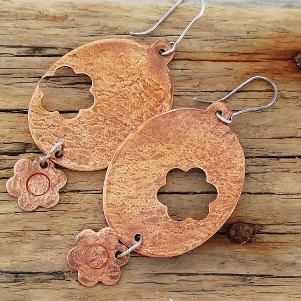 Large Copper Oval Flower Textured Earrings