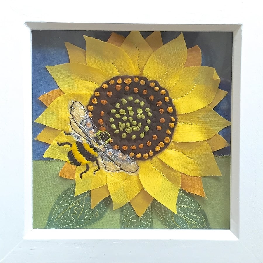 Textile sunflower art - hand embroidered picture flower wall decor bee
