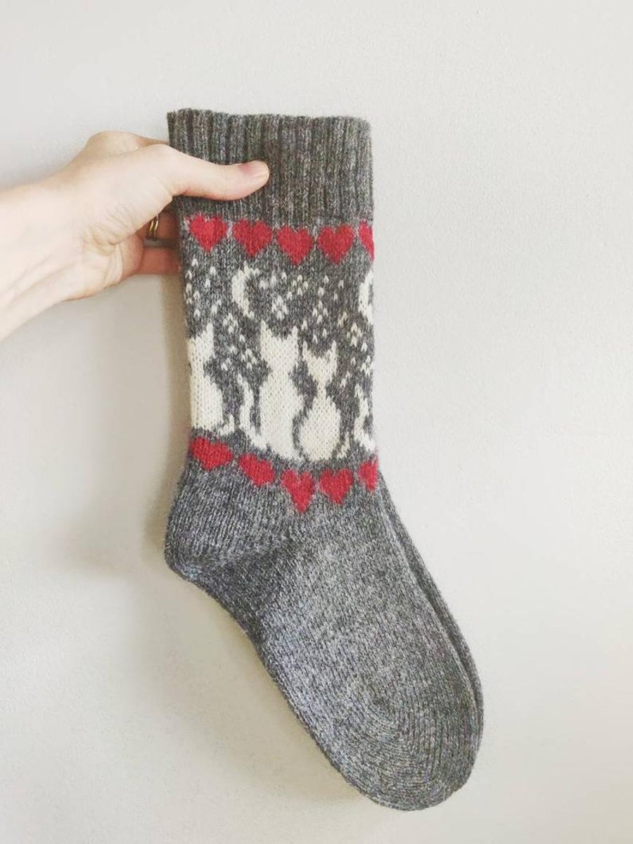 Knitted wool socks cats under the moon of love grey white red valentines scandin