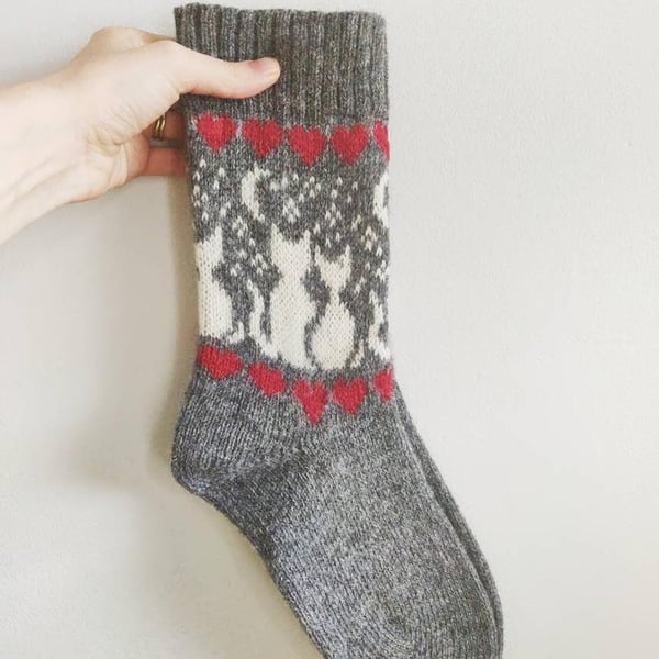 Knitted wool socks cats under the moon of love grey white red valentines scandin