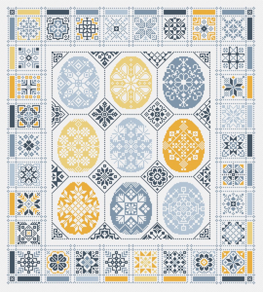 133D - Cross Stitch pattern Quaker Easter Egg sampler Extended Border