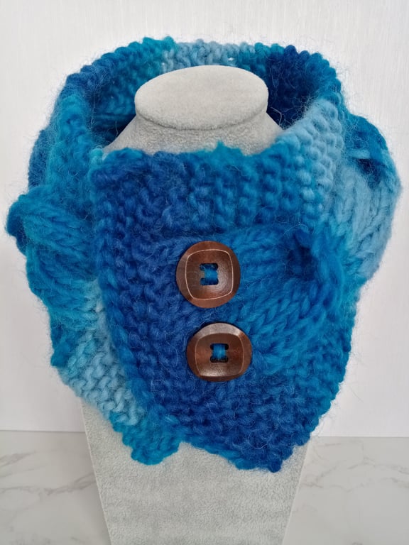 Cable Knit Neck Warmer in Blue 100% Pure Wool