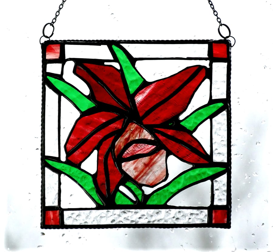 Orchid Stained Glass Suncatcher Rose Red Framed 