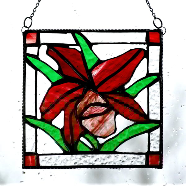 Orchid Stained Glass Suncatcher Rose Red Framed 