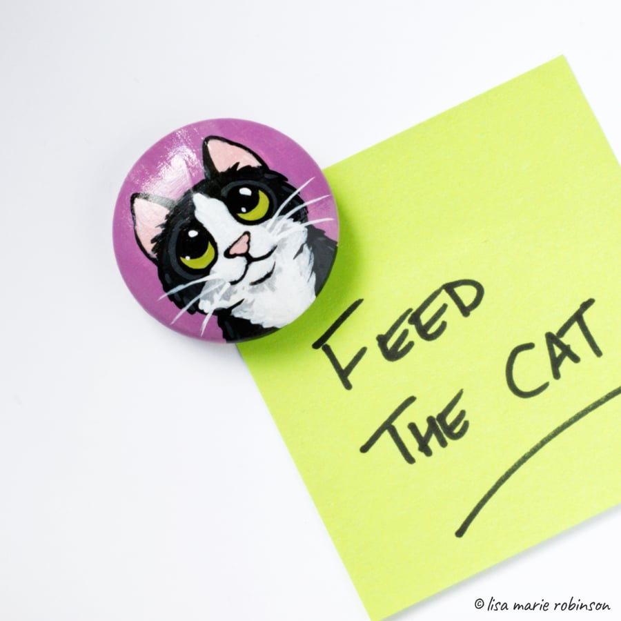 Black and White Cat - Hand Painted Wooden Fridge Magnet