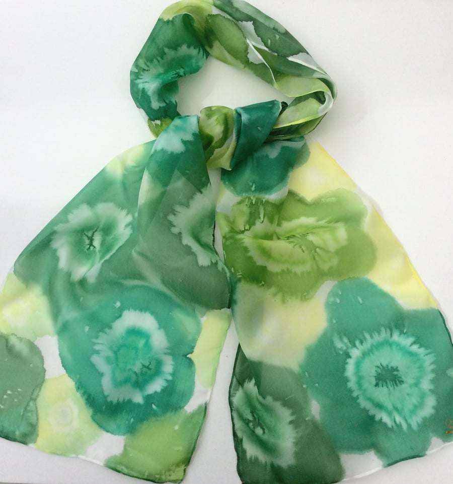 Green Floral hand painted silk scarf