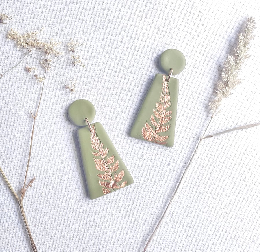 Olive green earrings, Botanical dangles, Green and copper earrings, Fern leaf 