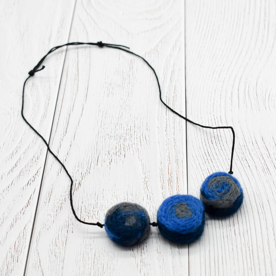 Felted bead necklace in blue, navy and grey wool