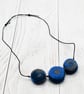 SOLD - Felted bead necklace in blue, navy and grey wool