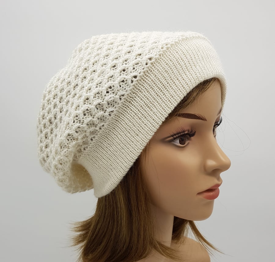 Handmade beret for women, off white knitted alpaca slouch hat, tam, beret