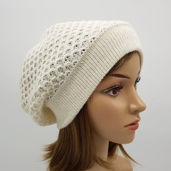 Handmade beret for women, off white knitted alpaca slouch hat, tam, beret