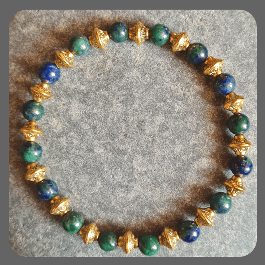 Chrysocolla and Gold Finish Tibetan Beaded Bracelet