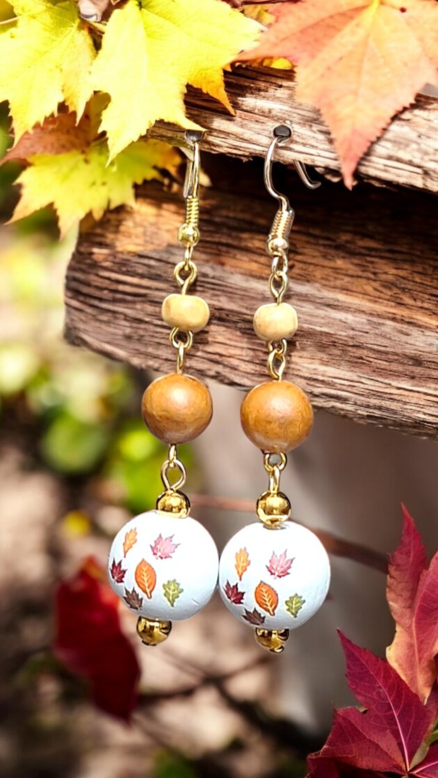 Autumn leaves earrings, woodland earrings, nature earrings, wooden earrings, lon